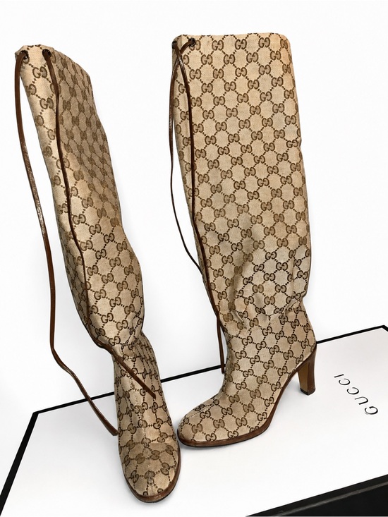 Gucci Shoes - Gucci Original GG Canvas Over-the-Knee Boots Brown Trim Tie Detail